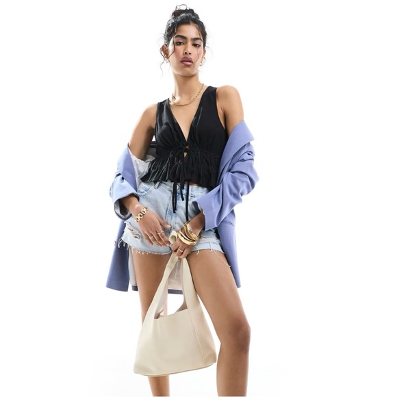 NEW 🔥 ASOS Design Linen Look Tie Front Top in Black Size Small - Picture 4 of 5